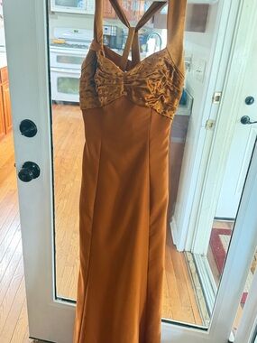 Custom made Vintage Burnt Orange Halter Formal Gown.